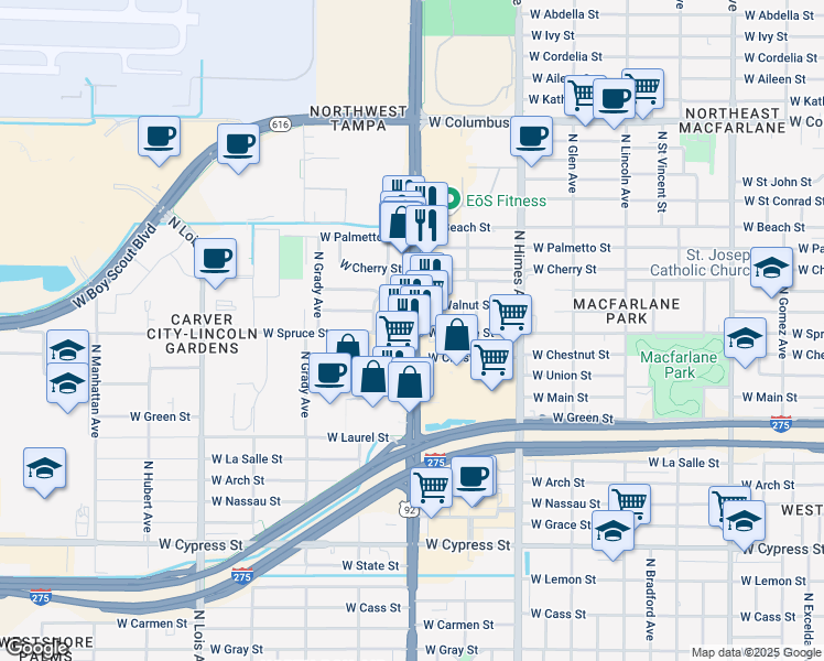 map of restaurants, bars, coffee shops, grocery stores, and more near N Dale Mabry Hwy & W Spruce St in Tampa