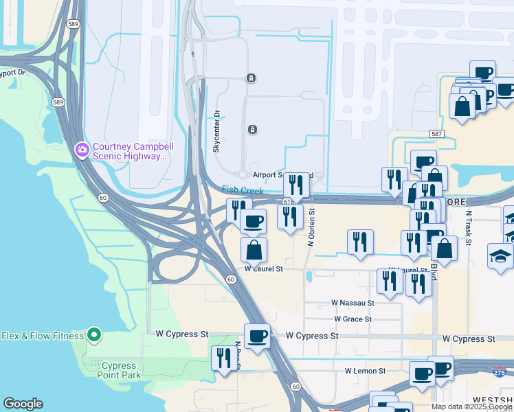 map of restaurants, bars, coffee shops, grocery stores, and more near Interstate 275 Frontage Road East in Tampa