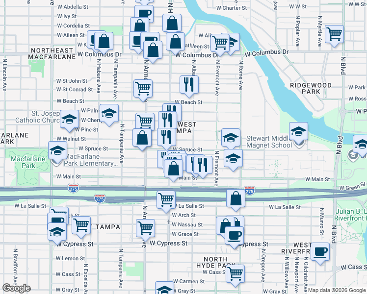 map of restaurants, bars, coffee shops, grocery stores, and more near 2128 West Walnut Street in Tampa