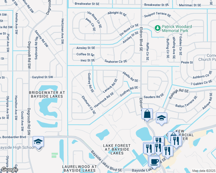map of restaurants, bars, coffee shops, grocery stores, and more near 1599 Jenson Terrace Southeast in Palm Bay