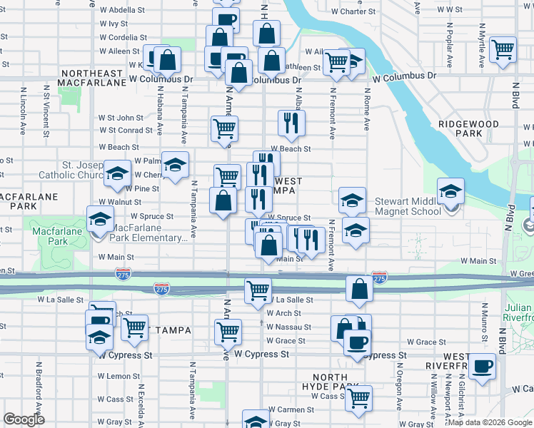 map of restaurants, bars, coffee shops, grocery stores, and more near 2128 West Walnut Street in Tampa