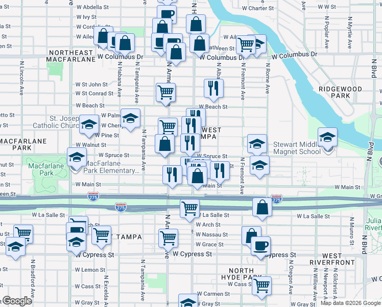 map of restaurants, bars, coffee shops, grocery stores, and more near 2316 West Walnut Street in Tampa