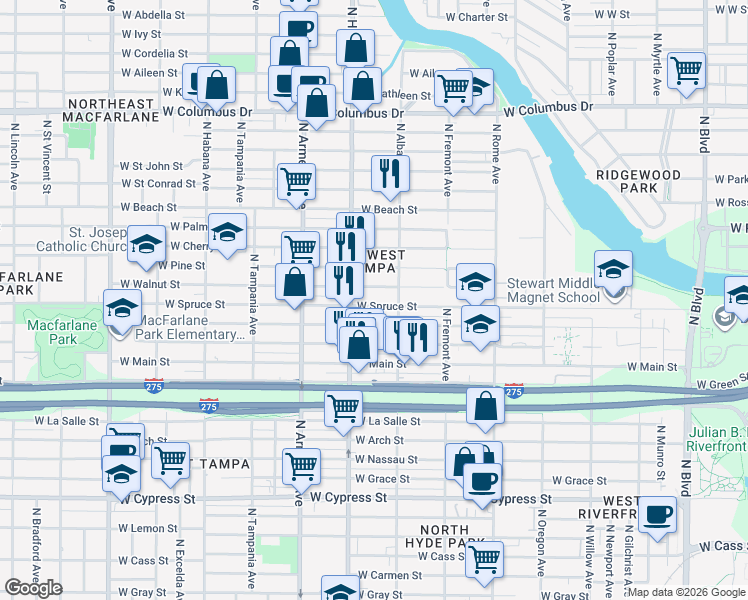 map of restaurants, bars, coffee shops, grocery stores, and more near 2128 West Walnut Street in Tampa