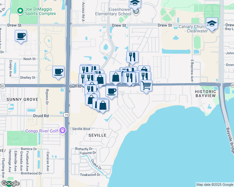 map of restaurants, bars, coffee shops, grocery stores, and more near 2753 Gulf to Bay Boulevard in Clearwater