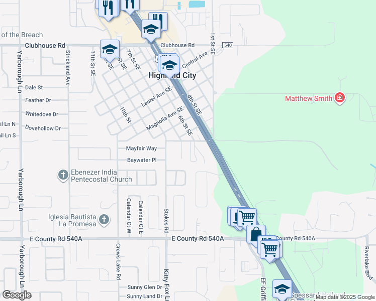 map of restaurants, bars, coffee shops, grocery stores, and more near 4137 Hancock Avenue Southeast in Lakeland