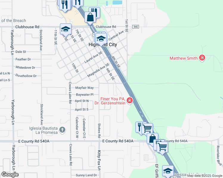 map of restaurants, bars, coffee shops, grocery stores, and more near 4137 Hancock Avenue Southeast in Lakeland