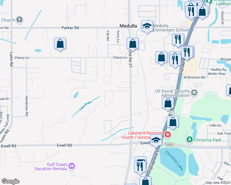 map of restaurants, bars, coffee shops, grocery stores, and more near 1033 Old South Drive in Lakeland