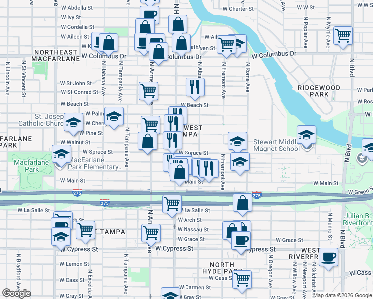 map of restaurants, bars, coffee shops, grocery stores, and more near 2128 West Walnut Street in Tampa