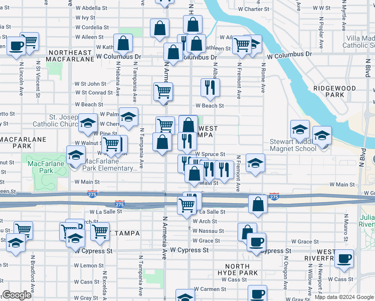 map of restaurants, bars, coffee shops, grocery stores, and more near 2318 West Walnut Street in Tampa