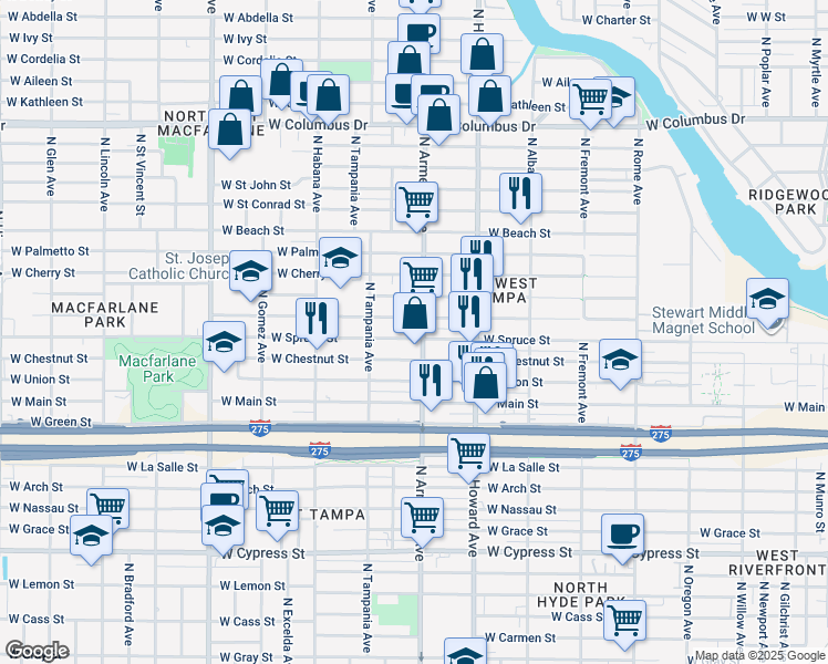 map of restaurants, bars, coffee shops, grocery stores, and more near 2012 North Armenia Avenue in Tampa