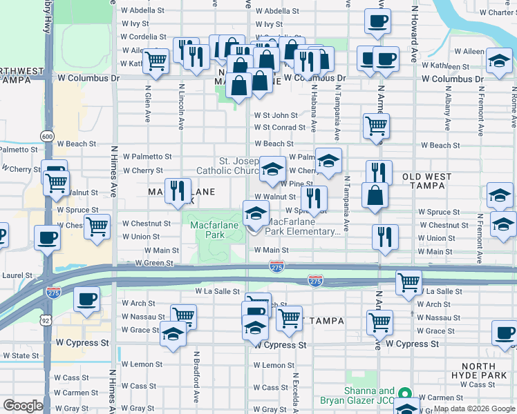 map of restaurants, bars, coffee shops, grocery stores, and more near 3026 West Walnut Street in Tampa