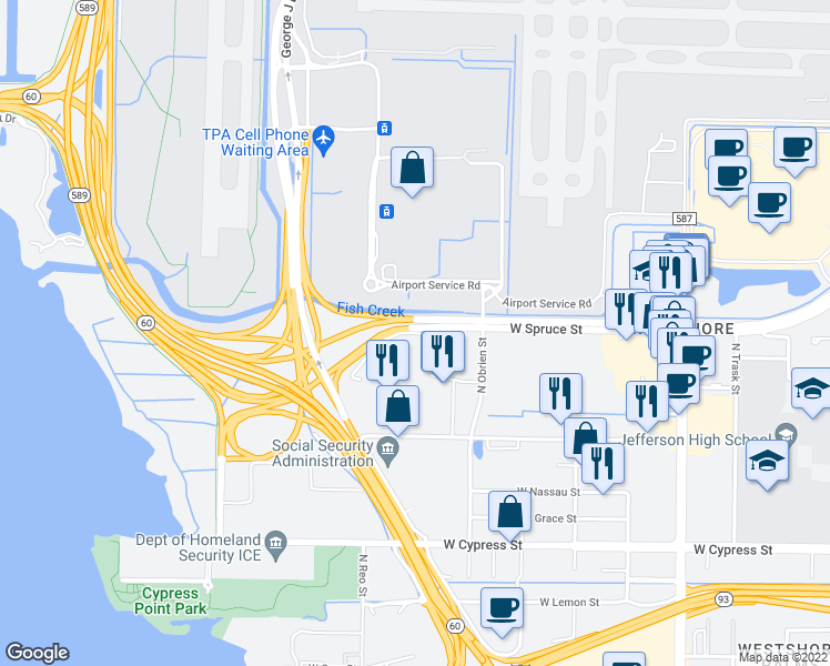 map of restaurants, bars, coffee shops, grocery stores, and more near 3507 Interstate 275 Frontage Road East in Tampa