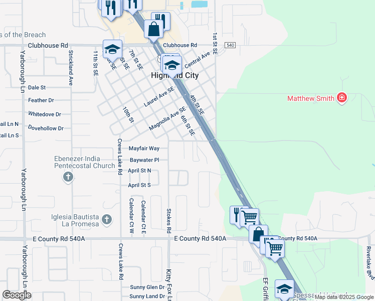 map of restaurants, bars, coffee shops, grocery stores, and more near 5824 Charlton Drive in Lakeland