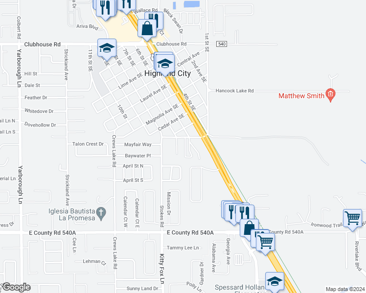 map of restaurants, bars, coffee shops, grocery stores, and more near 5822 Charlton Drive in Lakeland