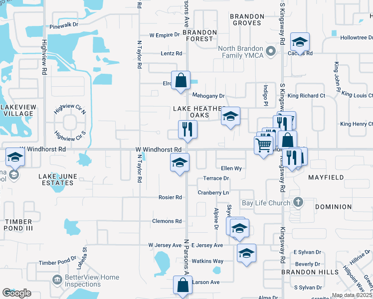 map of restaurants, bars, coffee shops, grocery stores, and more near North Parsons Avenue & West Windhorst Road in Brandon