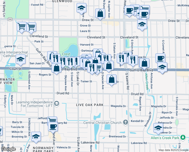 map of restaurants, bars, coffee shops, grocery stores, and more near 1667 Gulf to Bay Boulevard in Clearwater