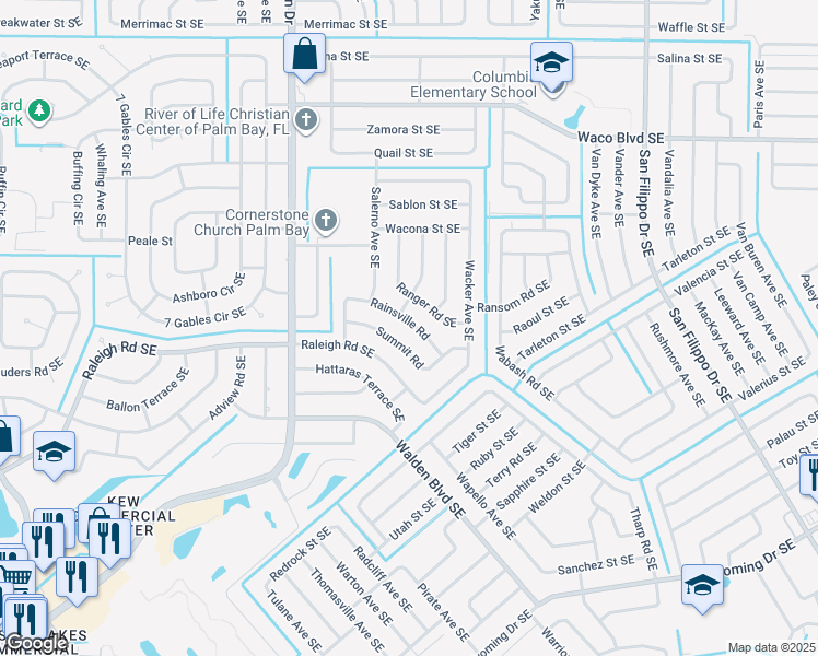 map of restaurants, bars, coffee shops, grocery stores, and more near 1566 Rainsville Road Southeast in Palm Bay