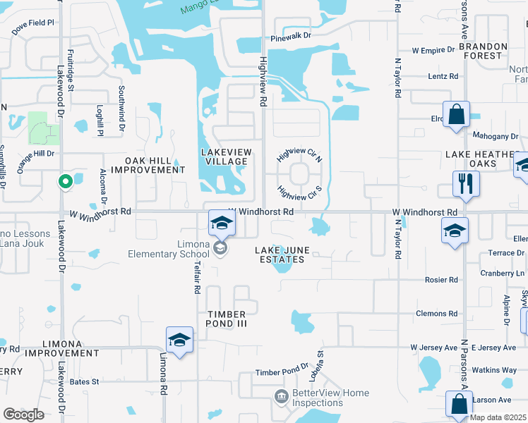 map of restaurants, bars, coffee shops, grocery stores, and more near W Windhorst Rd & Highview Rd in Brandon