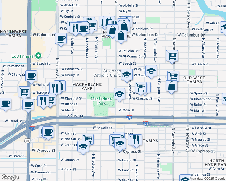 map of restaurants, bars, coffee shops, grocery stores, and more near 2103 North Jamaica Street in Tampa