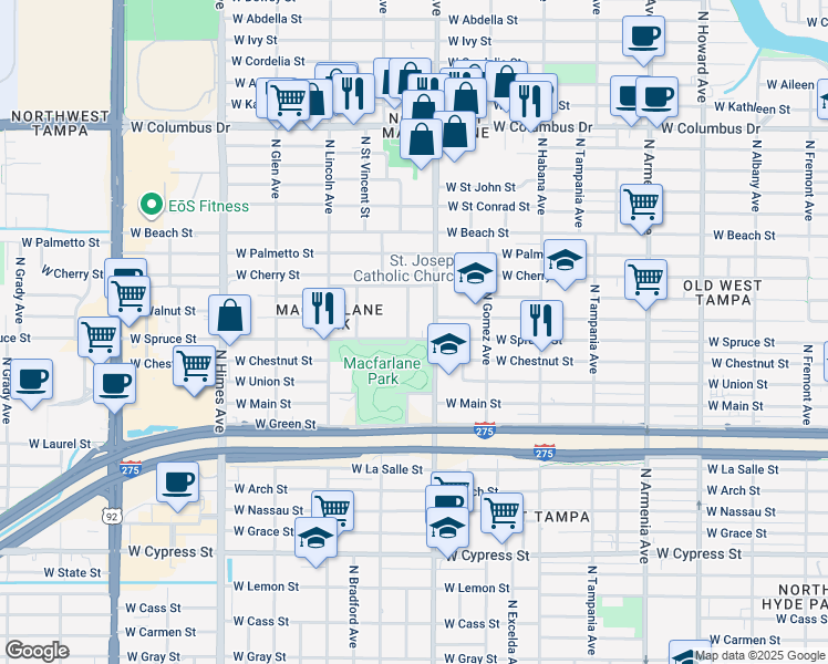 map of restaurants, bars, coffee shops, grocery stores, and more near 2103 North Jamaica Street in Tampa