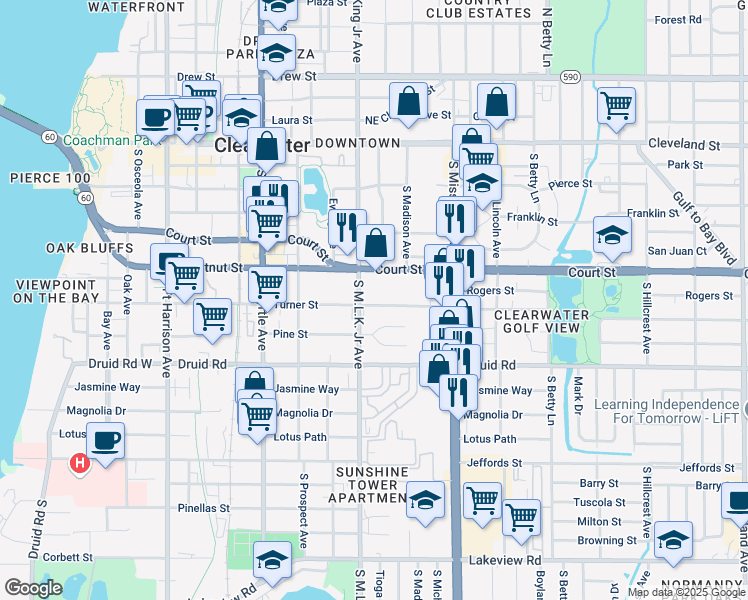 map of restaurants, bars, coffee shops, grocery stores, and more near 509 South Martin Luther King Junior Avenue in Clearwater