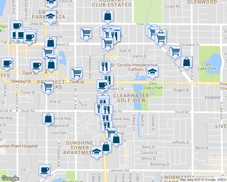 map of restaurants, bars, coffee shops, grocery stores, and more near 1227 Rogers Street in Clearwater