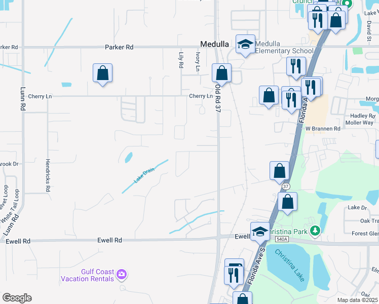 map of restaurants, bars, coffee shops, grocery stores, and more near 5625 Old South Drive in Lakeland