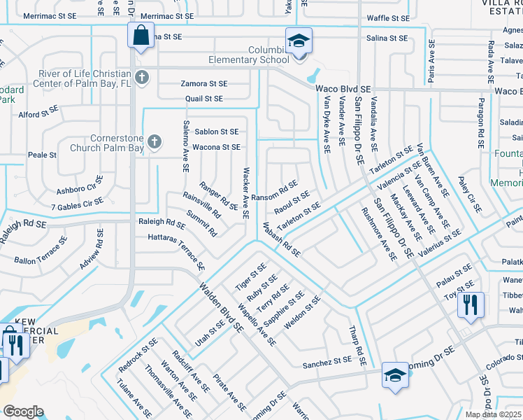 map of restaurants, bars, coffee shops, grocery stores, and more near 1112 Wabash Road Southeast in Palm Bay