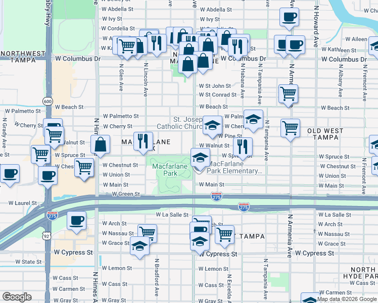 map of restaurants, bars, coffee shops, grocery stores, and more near 2103 North Jamaica Street in Tampa