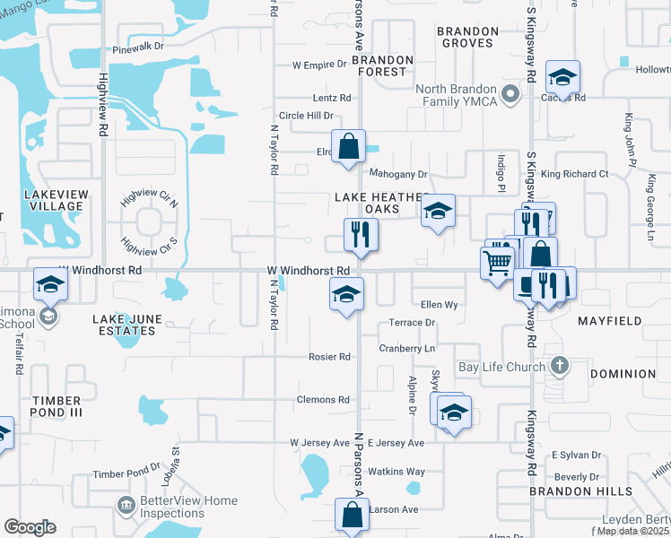 map of restaurants, bars, coffee shops, grocery stores, and more near 108 West Windhorst Road in Brandon