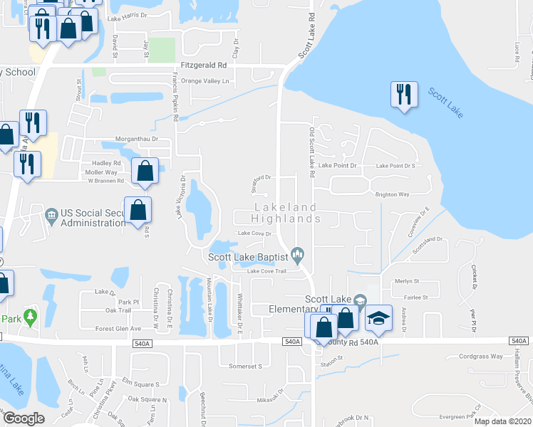 map of restaurants, bars, coffee shops, grocery stores, and more near 836 Scott Lake Village North in Lakeland