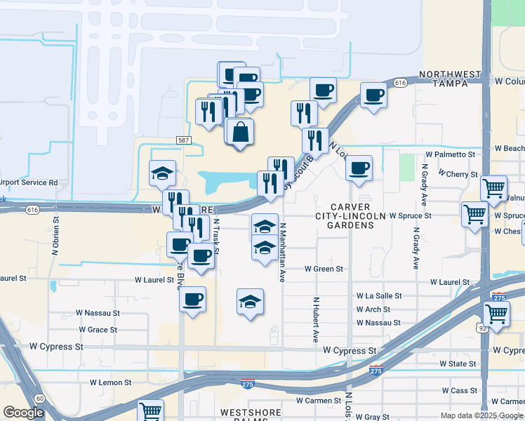 map of restaurants, bars, coffee shops, grocery stores, and more near 4488 West Boy Scout Boulevard in Tampa