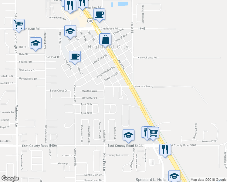 map of restaurants, bars, coffee shops, grocery stores, and more near 5816 Charlton Drive in Lakeland