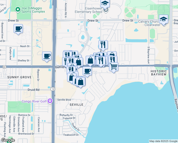 map of restaurants, bars, coffee shops, grocery stores, and more near 2753 Gulf to Bay Boulevard in Clearwater