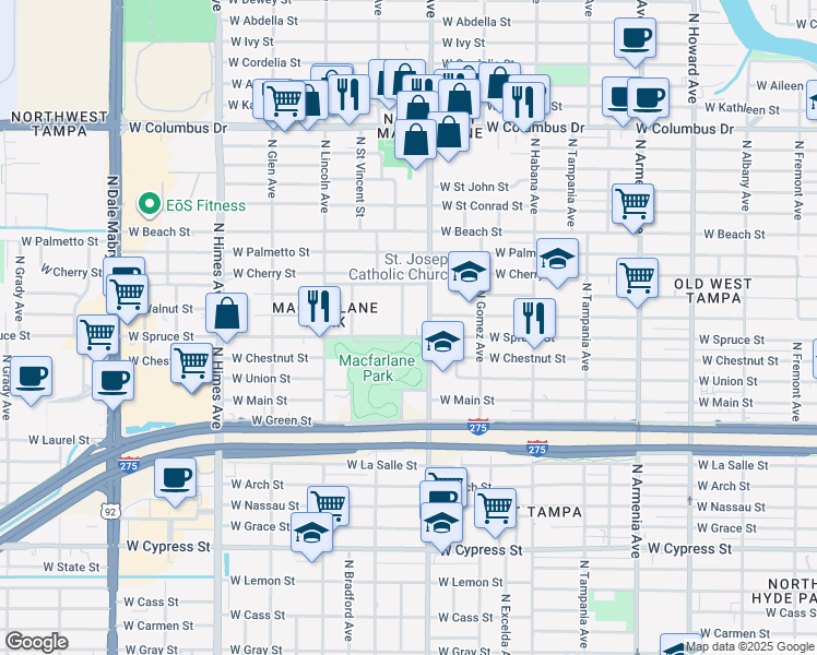 map of restaurants, bars, coffee shops, grocery stores, and more near 2103 North Jamaica Street in Tampa