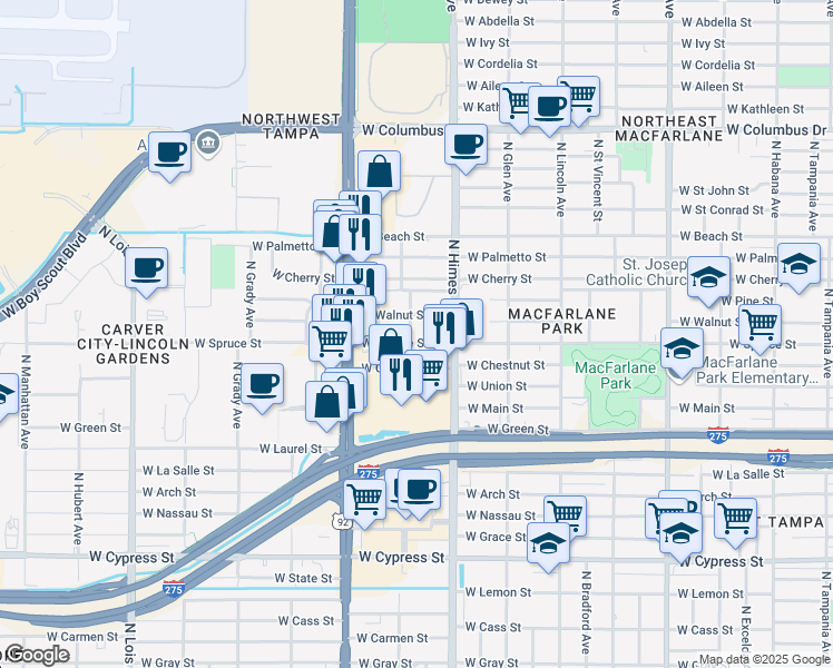 map of restaurants, bars, coffee shops, grocery stores, and more near 3619 West Spruce Street in Tampa