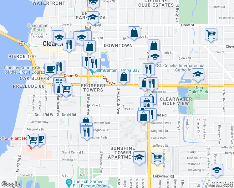 map of restaurants, bars, coffee shops, grocery stores, and more near 1006 Turner Street in Clearwater