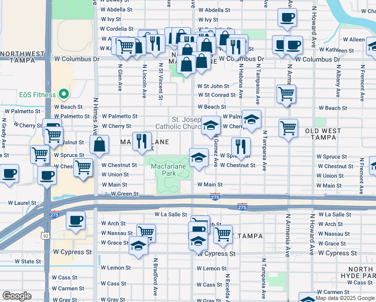 map of restaurants, bars, coffee shops, grocery stores, and more near 2103 North Jamaica Street in Tampa