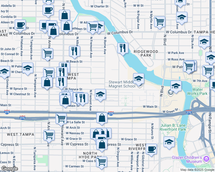 map of restaurants, bars, coffee shops, grocery stores, and more near 1545 Spruce Terrace in Tampa