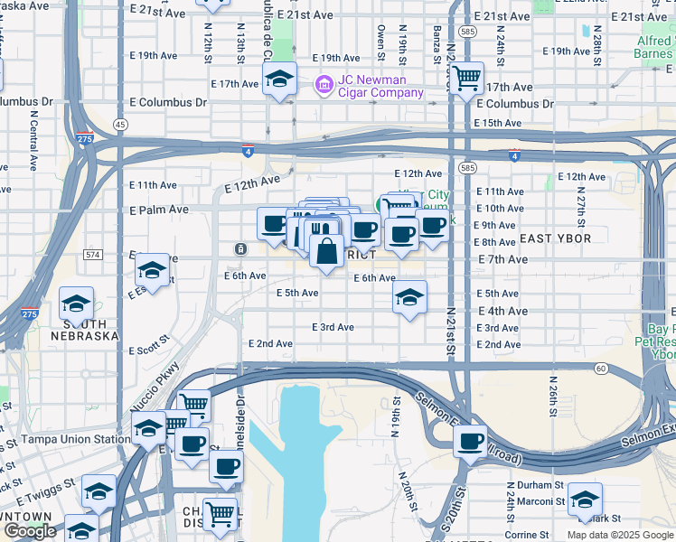 map of restaurants, bars, coffee shops, grocery stores, and more near 1603 East 7th Avenue in Tampa
