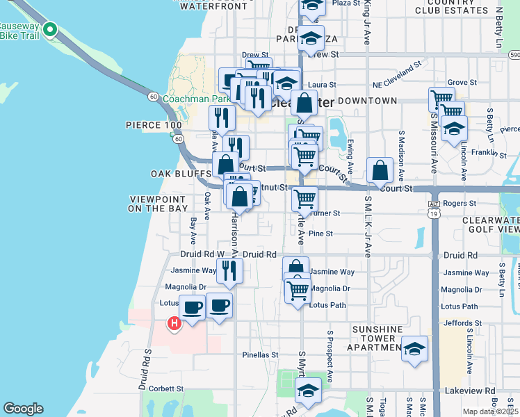 map of restaurants, bars, coffee shops, grocery stores, and more near 600 Turner Street in Clearwater