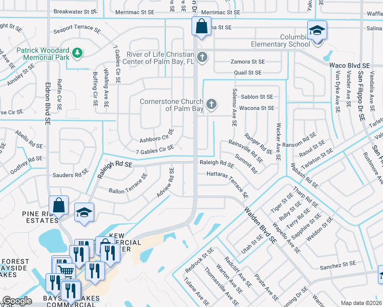 map of restaurants, bars, coffee shops, grocery stores, and more near 2910 Emerson Drive Southeast in Palm Bay