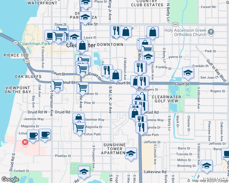 map of restaurants, bars, coffee shops, grocery stores, and more near 509 South Martin Luther King Junior Avenue in Clearwater