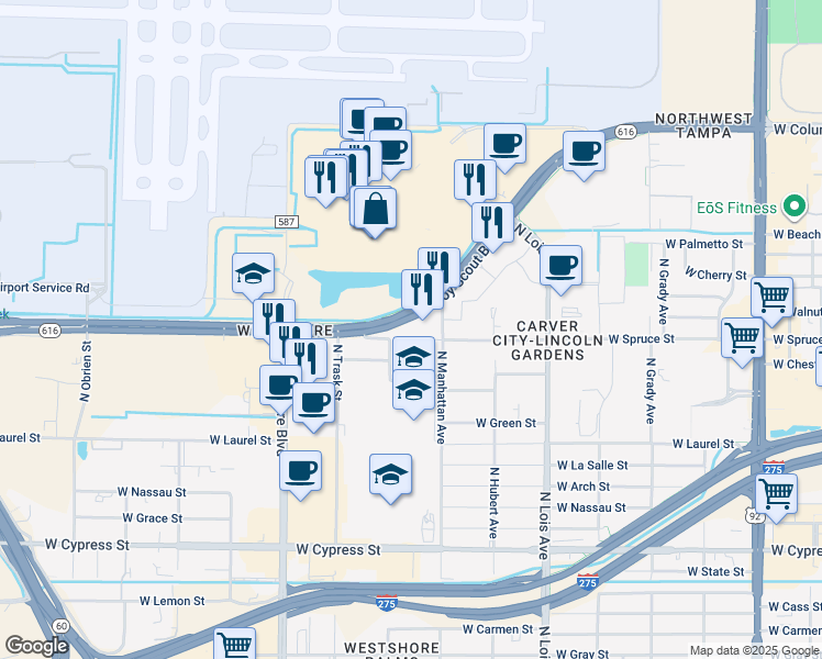 map of restaurants, bars, coffee shops, grocery stores, and more near 4410 West Boy Scout Boulevard in Tampa