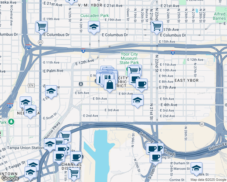 map of restaurants, bars, coffee shops, grocery stores, and more near 1603 East 7th Avenue in Tampa