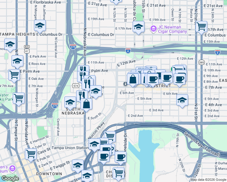 map of restaurants, bars, coffee shops, grocery stores, and more near 1045 East 7th Avenue in Tampa