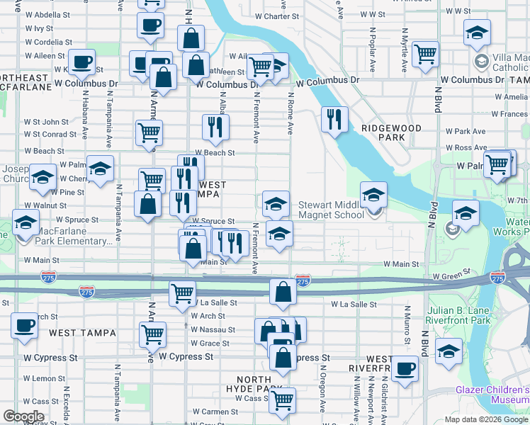 map of restaurants, bars, coffee shops, grocery stores, and more near 1710 B West Walnut Street in Tampa