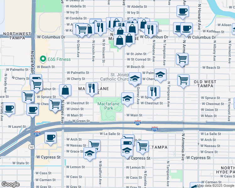 map of restaurants, bars, coffee shops, grocery stores, and more near 2103 North Jamaica Street in Tampa