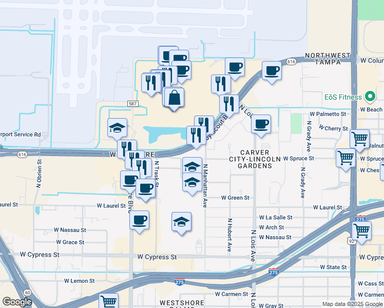 map of restaurants, bars, coffee shops, grocery stores, and more near 4488 West Boy Scout Boulevard in Tampa
