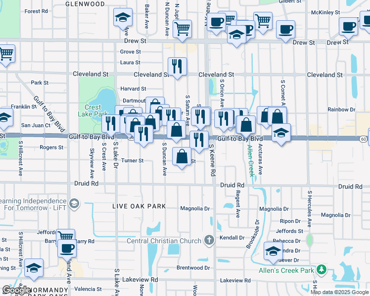 map of restaurants, bars, coffee shops, grocery stores, and more near 1721 Gulf to Bay Boulevard in Clearwater